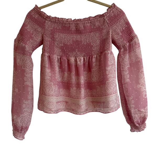 INTERMIX Silk Penelope Paisley Off-The-Shoulder smocked long sleeve Top small - Picture 4 of 13